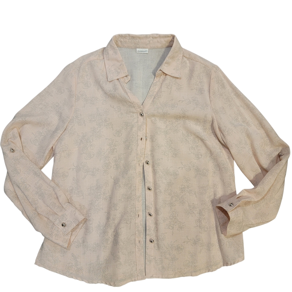 Vintage Damart Women's Long Sleeve Pale Pink Floral Silver Button Blouse Sz 14